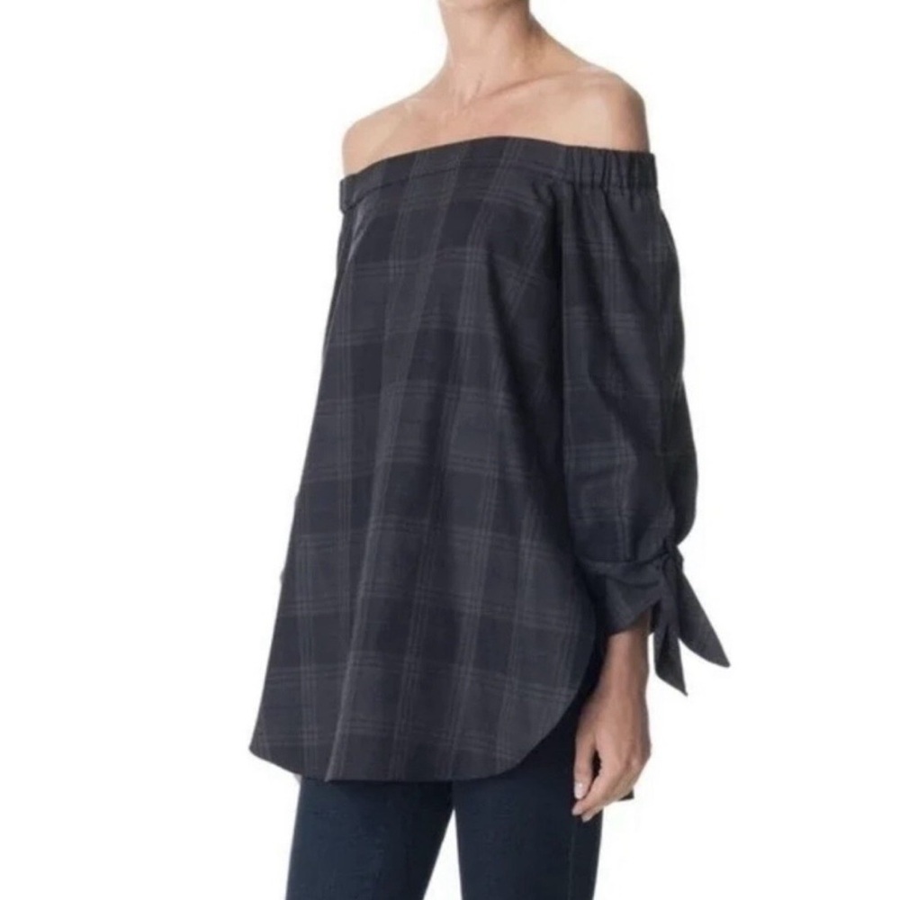Tibi Off Shoulder Bell Sleeve Plaid Top Navy Size 8